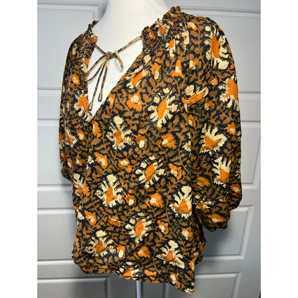Free People Floral Print Smocked Neck Tie Neck Blouse‎ Brown Black Cream Medium
